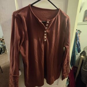 Women's Rust Long Sleeve Top with Lace Cuffs